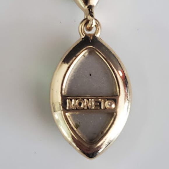 Monet Earrings Green Faceted Crystals in Gold Tone Setting 1 inch Drop from Stud - Picture 2 of 5